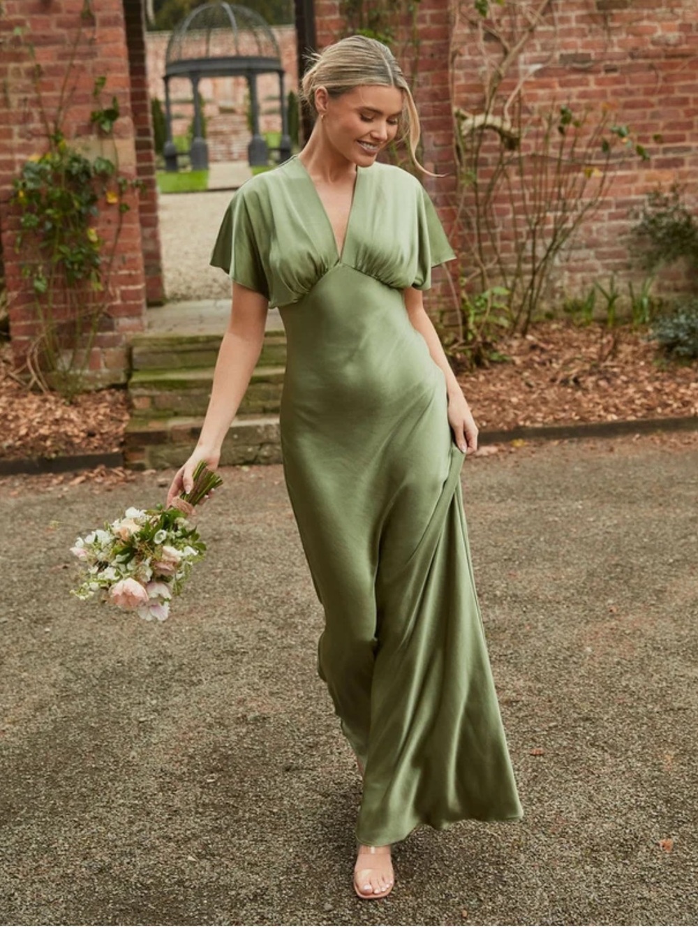 Olive V-Neck Maxi Dress with Gathered Bust